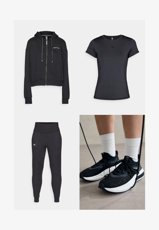 ONLY Play ONPPENNY LIFE HOOD SHORT BRUSH - Mikina so zipsom - black/silver; Čierne tričko s krátkym rukávom vyrobené z hladkej, priedušnej látky, s minimalistickým logom na prednej strane. Klasický okrúhly výstrih.; Čierne športové legíny vyrobené z elastického materiálu, s vysokým pásom, bočnými vreckami a priliehajúcimi manžetami na členkoch.; Čierne športové topánky s textúrovanou tkaninou, bielou podrážkou a čiernymi šnúrkami. Nosené s bielymi rebrovanými ponožkami, postavené na svetlom povrchu.