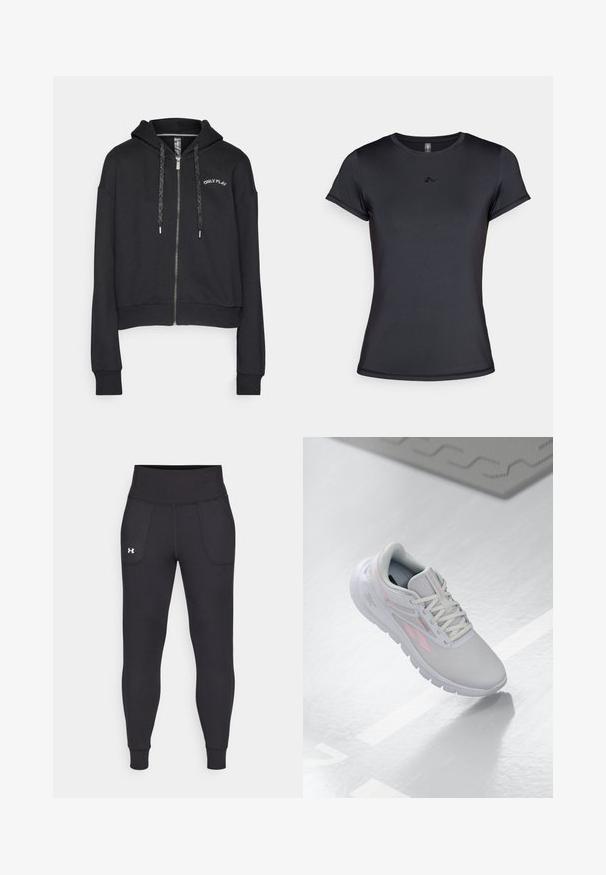 ONLY Play ONPPENNY LIFE HOOD SHORT BRUSH - Tröja med dragkedja - black/silver; Svart t-shirt med kort ärm gjord av mjukt, ventilerande tyg med en minimalistisk logotypdesign på framsidan. Klassisk rund halsringning.; Svarta träningsleggings i elastiskt material, med hög midja, sidofickor och åtsittande manschetter vid ankeln.; Ljust grå sportskor med rosa accenter, mesh-ovandel, rund tå, vadderad sula och snörning. Ytan är slät och reflekterande.