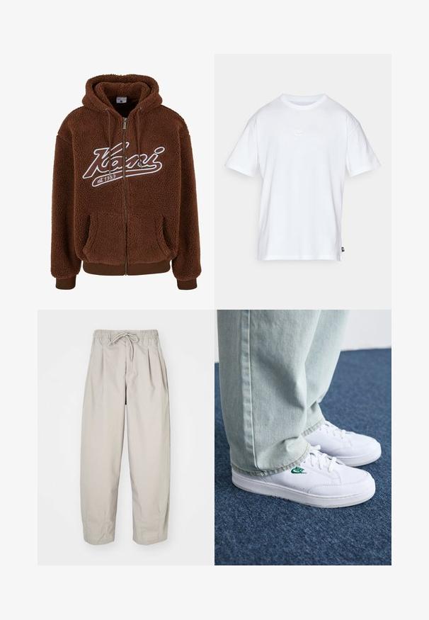 Rjava flis guljača z zadrgo spredaj, velikimi žepi in belimi logotipnimi detajli. Ima kapuco na vrvico ter rebraste manšete in spodnji rob.; Bela bomba iz bombaža s kratkimi rokavi in okroglo ovratnikom. Ima majhen, diskreten Nike logotip na prsih in stranski etiket.; Bež hlače iz lahkega materiala z elastičnim pasom in vrvico. Imajo gube in ohlapen kroj, izdelane so iz mehkega, gladkega blaga.; Bela usnjena športna obutev z zelenim Nike logotipom, okrogla konica, ravna podplat, v kombinaciji z svetlo modrimi kavbojkami, prikazana na modrem preprogu.