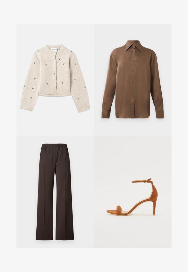 Gaiši pelēks adīts kardigāns ar dimantu rakstiem un izšūtām zemenēm un bitēm. Apaļa apkakle un pogu aizdare.; Brūns garās piedurknes pogājamais krekls ar norādītu apkakli un aprocēm, izlikts pret vienkāršu baltu fonu.; Gari pamatkrāsas tumši brūnas bikses ar elastīgu jostasvietu, kas izceļas ar gludu tekstūru un vienkāršām līnijām, nodrošinot elegantu izskatu.; Brūnu zamšādas augstpapēžu sandales ar platu potītes siksniņu un zelta sprādzi, atvērtu purngalu un elegantu, minimālistisku dizainu.