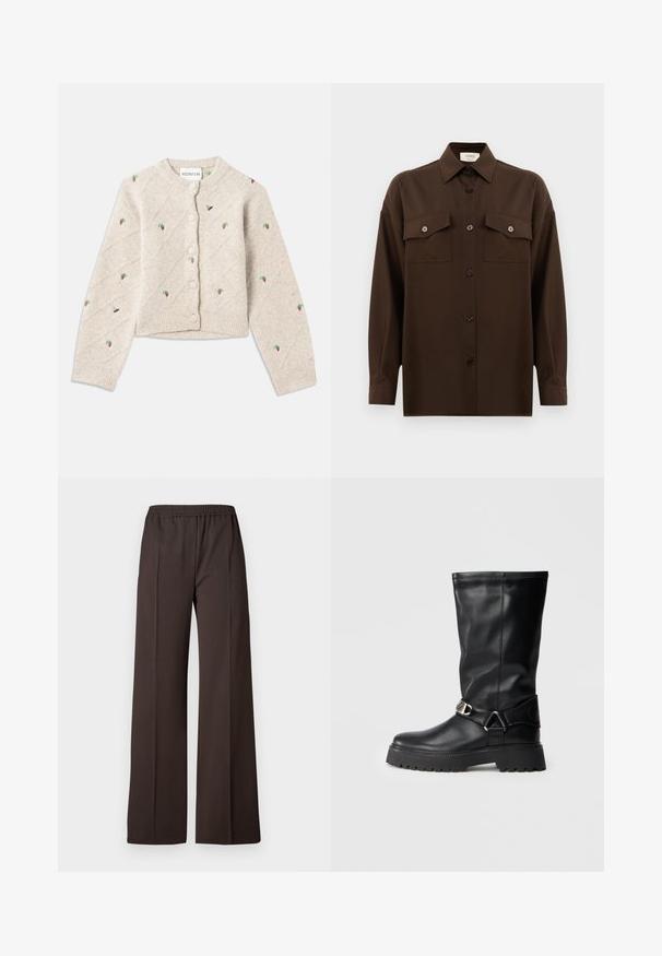 Svijetlo siva pletena jakna s dijamantnim uzorcima te izvezenim jagodama i pčelama. Okrugli izrez i kopčanje na gumbe.; Tamno smeđa dugosleeve košulja s dugim rukavima i dugmadi, s dva džepa s preklopom na prsima i klasičnim ovratnikom, prikazana na jednostavnoj bijeloj pozadini.; Široke hlače od tamnosmeđe tkanine s elastičnom trakom u struku, s glatkom teksturom i urednim linijama za prilagođeni izgled.; Crne čizme do koljena napravljene od glatke kože, s akcentom kopče sa strane i debelim, teksturiranim đonom za bolju trakciju.