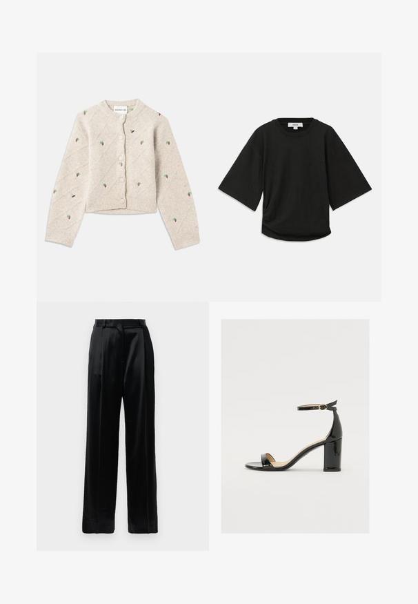 Cardigã de malha cinza claro com padrões de diamante e morangos e abelhas bordados. Decote redondo e fecho frontal com botões.; Camiseta preta de manga curta feita de algodão macio, com decote redondo e um corte descontraído, apresentando um detalhe ligeiramente franzido na lateral.; Calças pretas de cetim de cintura alta com pernas largas e retas, passantes para cinto e fecho frontal plano sobre um fundo branco liso.; Sandal de pele sintética preta com salto largo, ponta aberta e tira no tornozelo com fivela dourada. Textura suave e design elegante.