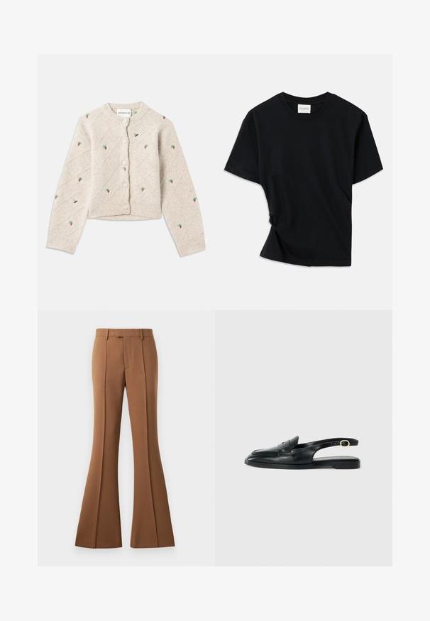 Vaaleanharmaa neulottu neuletakki, jossa on timanttikuviota sekä kirjontaa mansikoista ja pörriäisistä. Pyöreä pääntie ja nappikiinnitys edessä.; Musta t-paita, joka on valmistettu pehmeästä puuvillasta. Siinä on pyöreä pääntie, lyhyet hihat ja hiukan kiertyneenä oleva muotoilu, joka takaa rentotun fit.; Ruskeat levenevät housut, jotka on valmistettu sileästä kankaasta. Niissä on korkea vyötärö, prässätyt taitteet ja etutasku lisäyksinä.; Musta nahkainen slingback-kengä, jossa on pyöristetty kärki, tasapohja, sivuleikkaus ja kultasävyinen klipsi nauhassa.