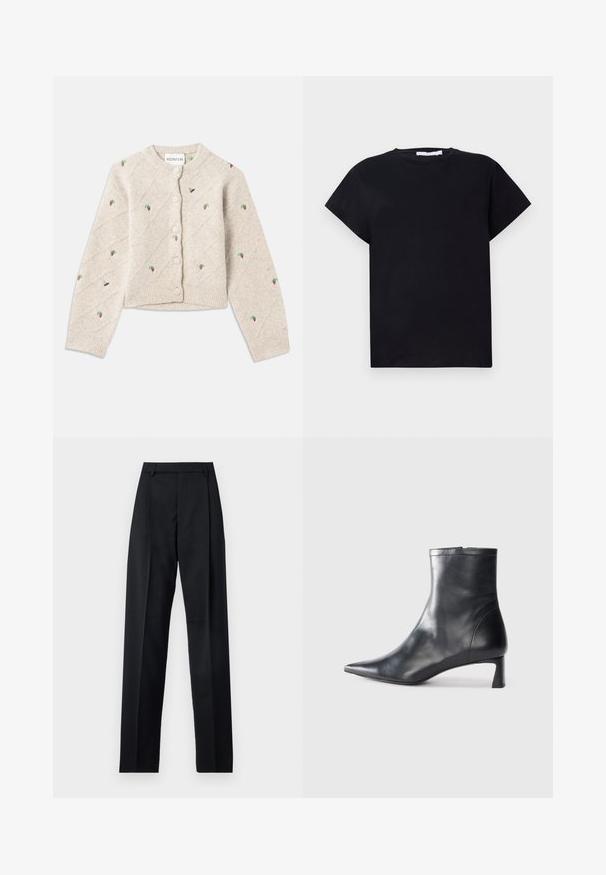 Cárdigan de punto gris claro con patrones de diamantes y fresas y abejas bordadas. Cuello redondo y cierre con botones en la parte delantera.; Iro TABITHA - Camiseta básica - black; Pantalones negros de tela suave con cintura alta, piernas amplias, pliegues frontales y lazos de cinturón clásicos. No hay bolsillos laterales visibles.; Botín de cuero negro hasta el tobillo con punta afilada y un diseño elegante. Presenta un tacón bajo y un cierre con cremallera en la parte trasera. Textura suave.