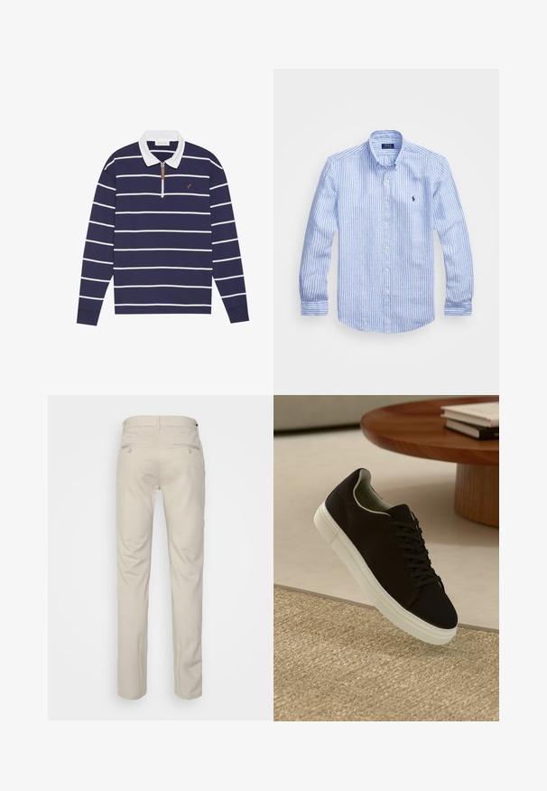 Polo a maniche lunghe blu navy con strisce bianche, colletto bianco e zip parziale. Presenta un piccolo logo marrone sul petto. Tessuto morbido e texturizzato.; Camicia a maniche lunghe a righe bianche e blu in cotone, con colletto button-down, bottoni frontali e un piccolo logo ricamato sul petto.; Pantaloni beige con una texture liscia, taglio dritto, due tasche posteriori con bottoni e vita standard.; Sneaker nero con suola bianca che flotta sopra un tappeto beige testurizzato vicino a un tavolo rotondo in legno con libri impilati.