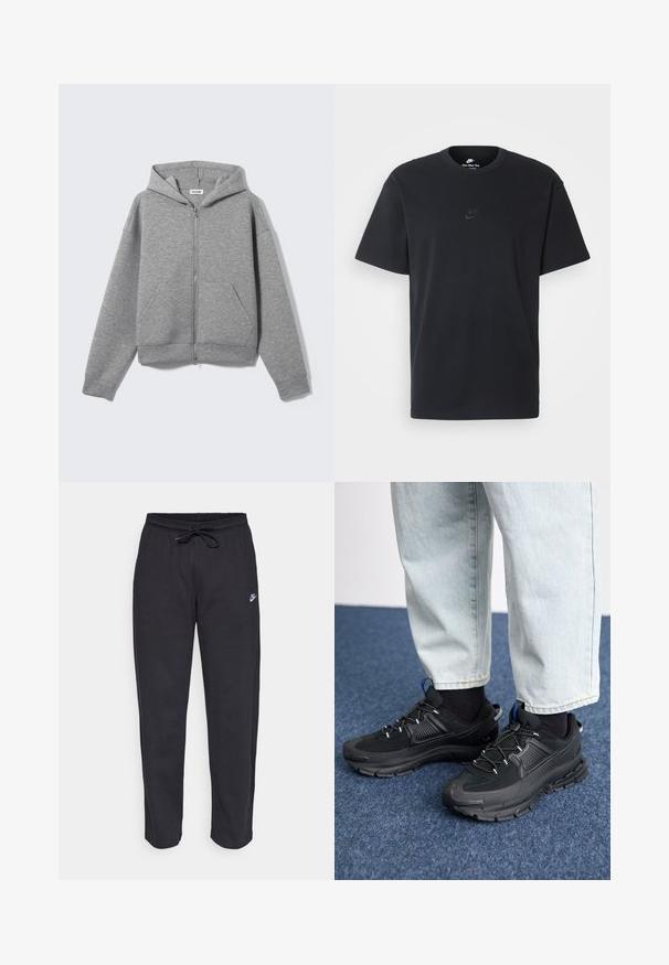 Grauer Kapuzenpullover mit Reißverschluss aus weichem, strukturiertem Stoff. Mit Kapuze, zwei Fronttaschen und einer lockeren Passform mit gerippten Bündchen und Saum.; Schwarzes Baumwoll-T-Shirt von Nike mit klassischem Rundhalsausschnitt, kurzen Ärmeln und einem dezenten, geprägten Logo auf der Brust. Glatte Textur.; Schwarze Sweatpants aus weichem Stoff mit elastischem Bund, Kordelzug und kleinem Nike-Logo auf dem linken Oberschenkel.; Schwarze Sportschuhe aus strukturiertem Stoff mit Gummisohlen, ausgestattet mit elastischen Schnürsenkeln und einem blauen Akzent an der Ferse. Getragen mit hellen Jeans.