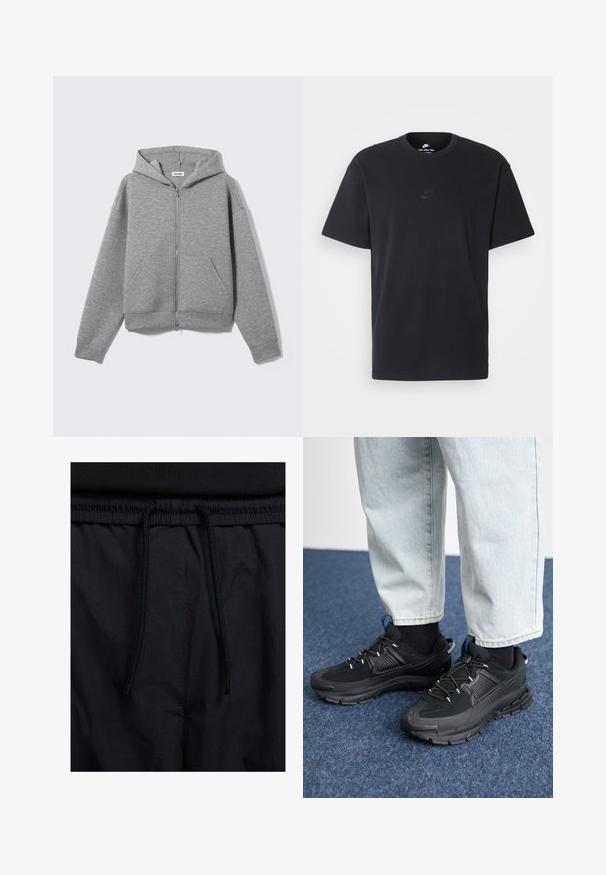 Grå dragkedjehoodie gjord av mjukt, texturerat tyg. Har en huva, två framfickor och en avslappnad passform med ribbade ärmslut och fåll.; Svart t-shirt i bomull från Nike med klassisk rund halsringning, korta ärmar och en diskret, präglad logotyp på bröstet. Slät textur.; Svarta shorts med dragsko i midjan, lättviktig tyg med en slät yta och en enkel design utan synliga logotyper eller mönster.; Svarta sportskor med texturerat tyg och gummisulor, med elastiska snörningar och en blå detalj på hälen. Bärs med ljusa jeans.