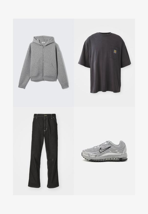 Grå lynlåstrøje i blødt, textured stof. Har hætte, to frontlommer og en afslappet pasform med ribkantede manchetter og kant.; Sort bomulds T-shirt med korte ærmer, en rund halsudskæring og en venstre brystlomme med et firkantet logo-patch. Enkel og uudsmykket design.; Sorte denimjeans med løs pasform, der har kontrasterende hvid syning, en knaplukning og et lige ben-design.; Grå Nike Air Max sneakers med et overdel i mesh og syntetisk materiale, bølgende design, sorte accenter og en synlig luftdæmpningsenhed.