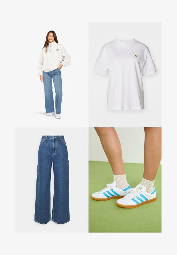 Billabong RUN THE ROAD - Sweatshirt - white cap; Hvit bomulls t-skjorte med avslappet passform, korte ermer og en liten brodert logo på venstre brystområde.; Videbeinete blå denimbukser med høy midje, kontraststing, og sidelommer, med et klassisk fem-lommers design og rå kanter.; Hvite sneakers med lyseblå striper, gummisåle og snøring. Har gullmerke og en glatt skinnaktig tekstur.