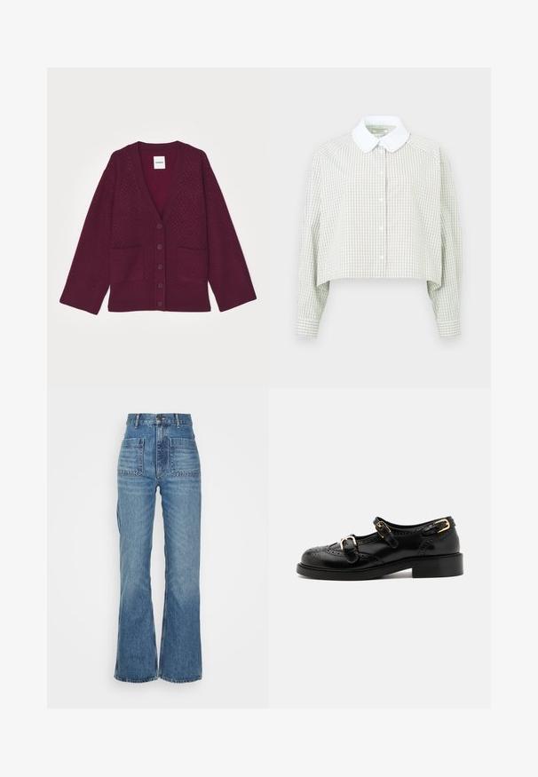 sandro CARDIGAN LOOK SURCHEMISE - Kofta - bordeaux; Utan knappar skjorta i ljusgrön och vit rutigt mönster. Har en vit krage och långa ärmar med knäppta manschetter. Mjuk tyg.; Högmidjade blå denimjeans med utsvängd ben, två framfickor och två bakfickor; texturerad tyg med en blekt tvätt.; Svarta läderskor med broguedetaljer, utrustade med två spännen, rund tå och låg klack. Slät textur med glänsande finish.