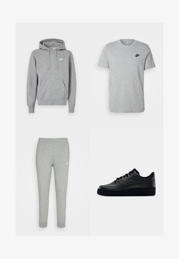 Siva zip-up kapuca iz mešanice bombaža, z značilno vrvico pri kapuci, kenguru žepi in majhnim belim logotipom na levem prsnem delu.; Siv majica s kratkimi rokavi iz bombaža, ki ima črni Nike logotip na prsih in okroglo ovratnico. Minimalističen dizajn brez vzorcev.; Sive hlače iz mehkega blaga, ki imajo oblikovane noge, elastičen pas in majhen beli Nike logotip na levi stegnu.; Črne Nike Air Force 1 športne copate z gladkim usnjem, perforirano konico za zračnost, črnimi vezalkami in teksturirano gumijasto podplatom.