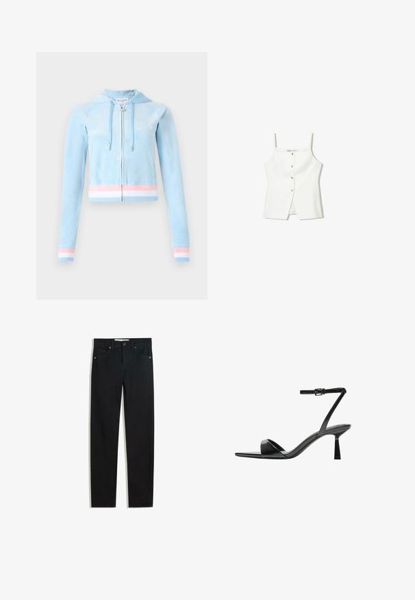 Világoskék velúr anyagú, cropped zip-up kapucnis pulóver, pasztell rózsaszín és fehér csíkozással a mandzsettákon és az alsó szegélyen, húzózsinórral ellátott kapucnival.; Fehér, ujjatlan felső, gombos előrészével, oldalzsebeivel és testhezálló kialakításával, enyhén bővülő aljával. Simább textúrájú, minimális részletezéssel.; Fekete farmernadrág egyenes szárú fazonnal, öt zsebbel, fémből készült gombzárral és diszkrét varrási részletekkel. Sima textura.; Bershka Magas sarkú szandálok - black