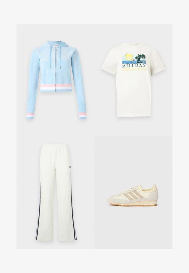 Casaco com capuz encurtado em veludo azul claro, apresentando detalhes em listras rosa pastel e brancas nas mangas e na barra, com capuz ajustável por cordão.; T-shirt de algodão branco com um design gráfico apresentando um sol, palmeiras e água. "ADIDAS Sports Club" impresso em verde e amarelo.; Calças em malha grossa de cor creme clara, com design flare. Apresentam riscas laterais azul-escuro e um logótipo da Adidas na anca. Cintura elástica.; Sapatilha atlética creme com três riscas bege, materiais em camurça e tecido, sola texturizada e logo em relevo no calcanhar.