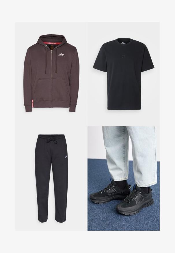 Felpa con zip grigia scura realizzata in un tessuto morbido. Presenta una tasca frontale, polsini e orlo a coste, con un logo sul petto e una fodera interna rossa.; T-shirt in cotone nero della Nike con collo rotondo classico, maniche corte e un logo in rilievo discreto sul petto. Texture liscia.; Pantaloni della tuta neri realizzati in tessuto morbido con vita elastica, coulisse e un piccolo logo Nike sulla coscia sinistra.; Scarpe sportive nere con tessuto testurizzato e suole in gomma, dotate di lacci elastici e un accento blu sul tallone. Indossate con pantaloni in denim chiaro.