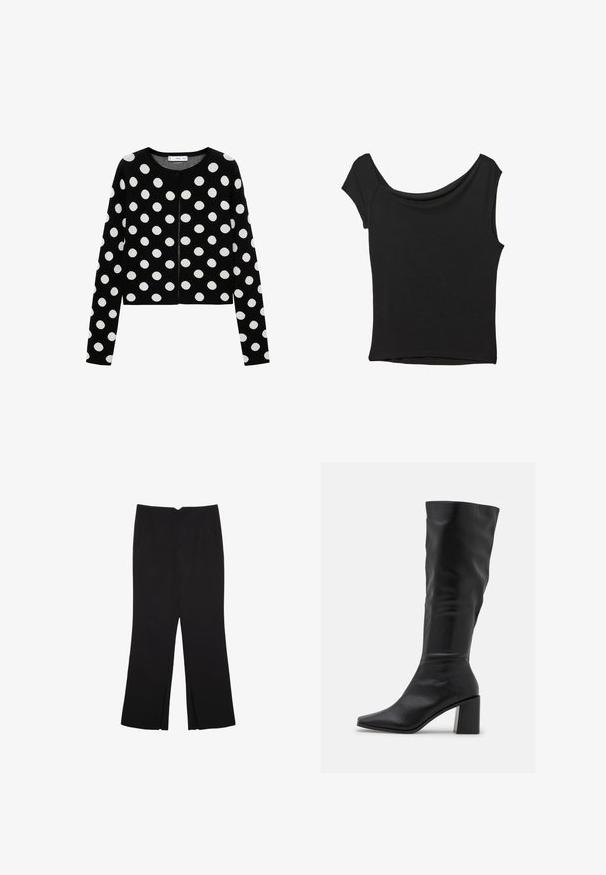 Mango Strickjacke - black; Schwarzes Kurzarmoberteil aus glattem Stoff; hat einen drapierten Ausschnitt und einen asymmetrischen Saum, mit einem figurbetonten Körper.; Schwarze Hose mit geradem Schnitt, ausgestattet mit Fronttaschen und Seitenschlitzen am Saum. Hergestellt aus weichem, glattem Stoff. Geeignet für verschiedene Anlässe.; RAID BLICK - Stiefel - black