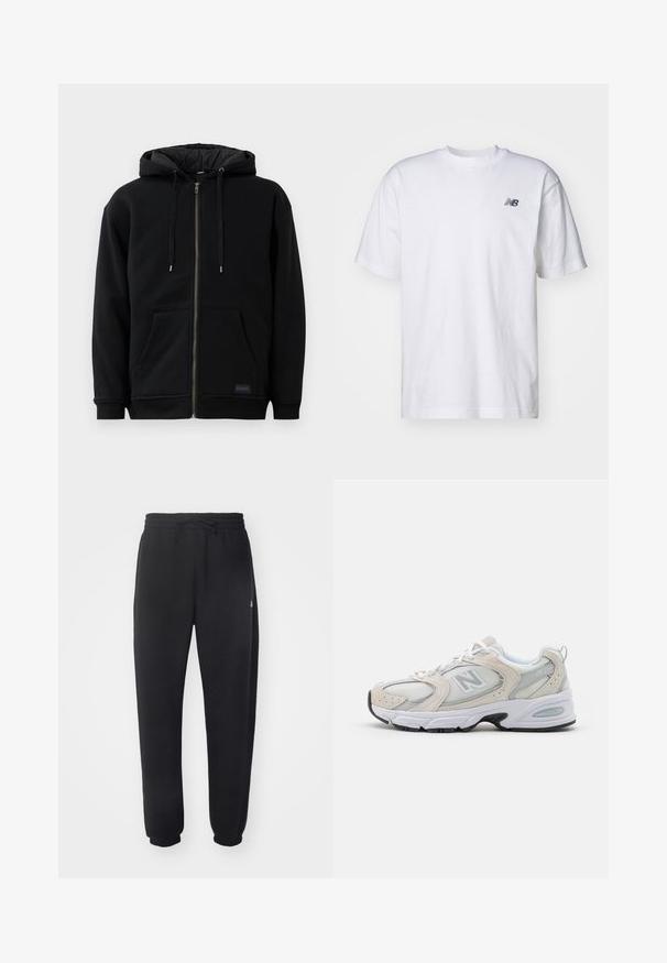 Crni dukserica s patentnim zatvaračem napravljena od flisa, s kapuljačom na vezanje, prednjim džepovima i rebrastim manžetama. Unutrašnjost ima qiltanu teksturu.; Bijela majica kratkih rukava s okruglim izrezom i malim crnim New Balance logom na lijevoj strani prsnog dijela na jednoličnoj pozadini.; Crne sweatpants napravljene od mekog materijala s elastičnom trakom u struku, žicom za zatezanje i suženim manžetama, s blagim logotipom sa strane.; Atletska obuća s gornjim dijelom od svijetlosivog mrežastog materijala s nijansama antilopa, bijelim vezicama i crnom gumenom potplatom. Značajna ABZORB amortizacija.