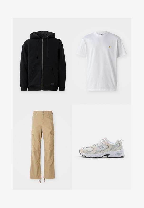 Schwarze Fleece-Zipjacke mit einer Kapuze mit Kordelzug, Fronttaschen und gerippten Bündchen. Das Innere hat eine gesteppte Textur.; Weißes Baumwoll-T-Shirt mit kurzen Ärmeln, Rundhalsausschnitt, mit einem kleinen goldenen Logo im linken Brustbereich. Weicher Stoff und normale Passform.; Khakifarbene Cargo-Hosen aus strapazierfähigem Material, mit mehreren Seitentaschen, geradem Bein-Design und verstellbaren Kordeln am Saum.; Sportlicher Schuh mit einem hellgrauen Mesh-Obermaterial und Wildlederakzenten, weißen Schnürsenkeln und einer schwarzen Gummisohle. Auffälliges ABZORB-Dämpfungselement.