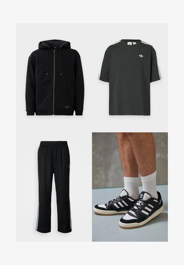 Černá mikina na zip vyrobená z fleecu, má stahovací kapuci, přední kapsy a žebrované manžety. Vnitřek má prošívanou texturu.; Černé bavlněné tričko s krátkými rukávy, kulatým výstřihem a bílými třemi pruhy na ramenou. Na hrudi je malá bílá logo.; Černé sportovní kalhoty s elastickým pasem, s bílými bočními pruhy a malým logem. Materiál vypadá měkce a lehce.; Černobílé tenisky s vrchní částí z semišové a kožené kůže, včetně tří bílých pruhů, perforovaného špičky a podrážky z gumy.
