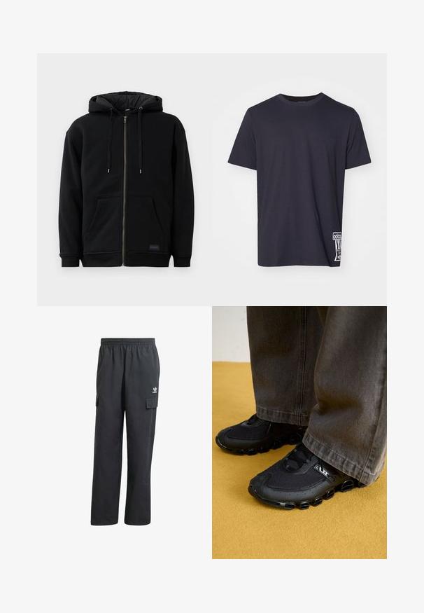 Black zip-up hoodie made of fleece, featuring a drawstring hood, front pockets, and ribbed cuffs. The interior has a quilted texture.; Black cotton t-shirt with a crew neckline, short sleeves, and a white logo patch on the lower side. Smooth texture, regular fit.; Black cargo pants with an elastic waistband, two side pockets, and a subtle logo on the left thigh. Made from a lightweight fabric.; Black athletic shoes with a mesh upper, curved sole, and distinctive rounded accents. Paired with dark, loose-fitting pants.