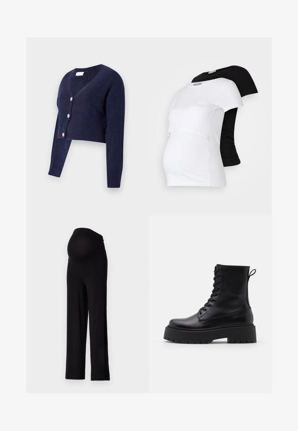 Sötétkék, cropped kardigán bordás kötött anyagból. Mély V-nyakkal és négy kerek, díszes gombbal az elején.; Fekete és fehér várandós pólók, rövid ujjal, puha pamut anyagból, rétegezett kialakítással, amelyben gyűrt rész található a növekvő pocak számára.; Fekete kismama nadrág, rugalmas, testhezálló derékrésszel és széles lábazattal. Puha anyagból készült, kényelmet és támogatást nyújt.; Fekete bőr bokacsizma, kerek orral, fűzős elülső résszel és vastag, texturált gumitalppal. Húzófül hátul.