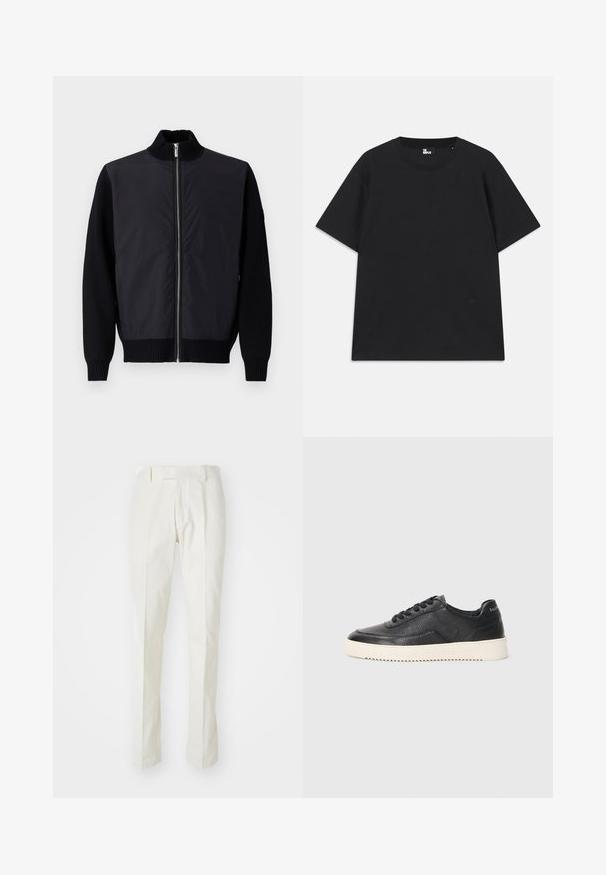 Fekete bomber dzseki cipzárral elöl, kötött mandzsettákkal és bordázott gallérral. Sima, fényes felső anyaggal és texturált ujjakkal rendelkezik.; Fekete, rövid ujjú pamut póló, kerek nyakkivágással és egy kis logórészlettel az alján. Sima textúra, normál szabás.; Fehér, pamut anyagú nadrág, egyenes szabással, lapos elülső résszel, és nincs rajta látható minta vagy fém kiegészítő. Simaszövet.; Fekete bőr sportcipő textúrázott felülettel, kerek orral és lapos fehér gumitalppal. Fekete fűzőkkel és márkázással a sarkán.