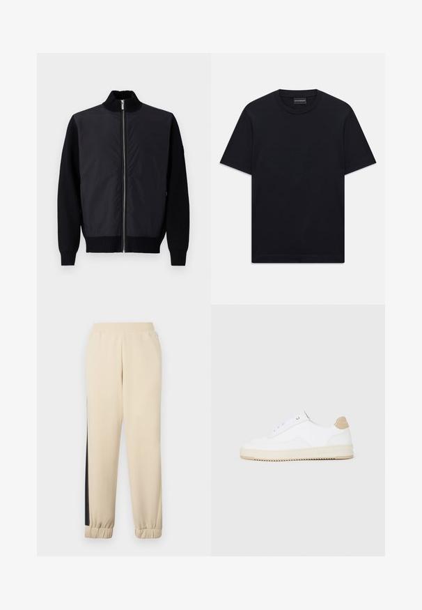 Črna bomber jakna z zadrgo spredaj, pletenimi manšetami in rebrastim ovratnikom. Ima gladko, sijoče zgornje material in teksturirane rokave.; Črna kratka majica s kratkimi rokavi z okroglim izrezom, z diskretno embosirano logotipno zasnovo, ki je osredotočena na prsih, ter oznako blagovne znamke znotraj ovratnika.; Kremne kulot hlače z črnimi stranskimi črtami, elastičnim pasom in rebrastimi manšetami. Mehka tkanina z udobnim krojem.; Bele nizke superge z zgornjim delom iz teksturirane usnjene površine, smetano obrobljenim podplatom in svetlo rjavo akcentom na peti. Imajo bele vezalke in podrobnost z logotipom na peti.
