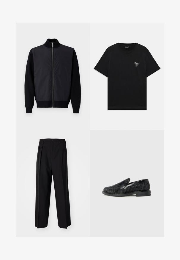 Čierna bomber bunda s predným zipsom, pletenými manžetami a rebrovaným golierom. Má hladký, lesklý vrchný materiál a textúrované rukávy.; Čierne tričko s krátkym rukávom s malou vyšívanou bielou zebrou na ľavej hrudi a okrúhlym výstrihom.; Čierne skladané nohavice s rovnom, širokým strihom. Vyrobené z hladkého materiálu, s gombíkovým zapínaním a pútkami na opasok.; Čierne tkané slip-on topánky s hladkým koženým akcentom na vrchnej časti, s okrúlym dizajnom špičky a nízkoprofilovou gumovou podrážkou.