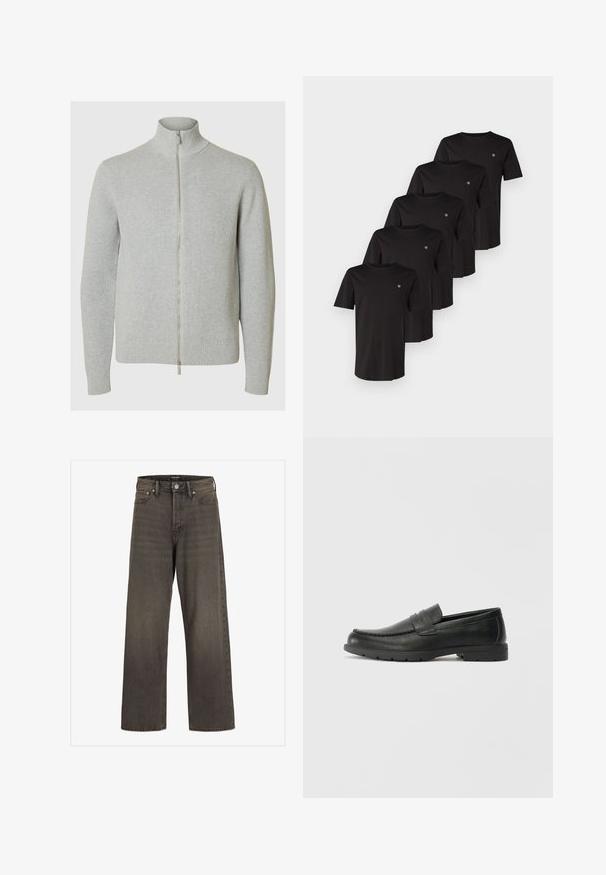 Šviesiai pilkas užtrauktuku užsegamas megztinis su aukštu apykakle, raukšlėta tekstūra ir prigludusiomis rankovėmis. Priekyje turi sklandų užtrauktuką užsegimui.; Juodų medvilnės marškinėlių su trumpomis rankovėmis, apvaliu iškirpimu ir mažuoju logo kairėje krūtinės pusėje, išdėstyti penkių sluoksniu.; Plati kojinės džinsai tamsiai pilkos spalvos džinsinio audinio, su aukštu liemeniu, klasikinio penkių kišenių dizainu ir kontrastinga siuvimo linija siūlėse.; Juodai odiniai loaferiai su sklandžiu paviršiumi, mokasino stiliaus viršus, siuvinėjimu ir guminėmis padangomis. Klasikinis dizainas su žemu kulnu.