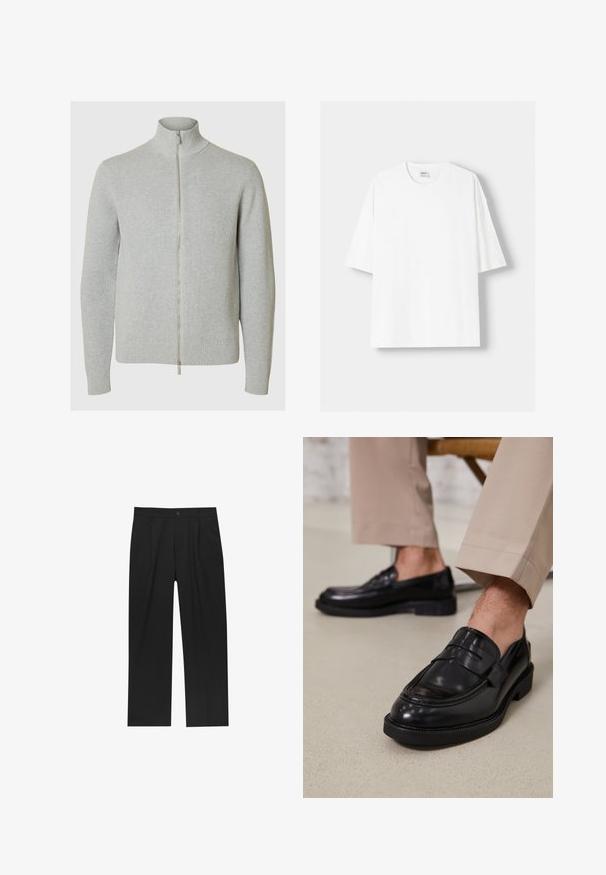 Világosszürke, cipzáros pulóver magas gallérral, bordázott textúrával és illeszkedő mandzsettákkal. Az elülső részen sima cipzárral záródik.; Fehér, rövid ujjú pamut póló, kerek nyakkivágással és laza szabással. Simább textúra, látható minták vagy díszítések nélkül.; Fekete nadrág egyenes szárú kialakítással, sima anyagból készült. Elöl redők és egy gombos záródás található a derékon.; Fekete bőr loaferek sima felülettel, díszítő pánttal és kontrasztos varrással, bézs nadrággal párosítva.