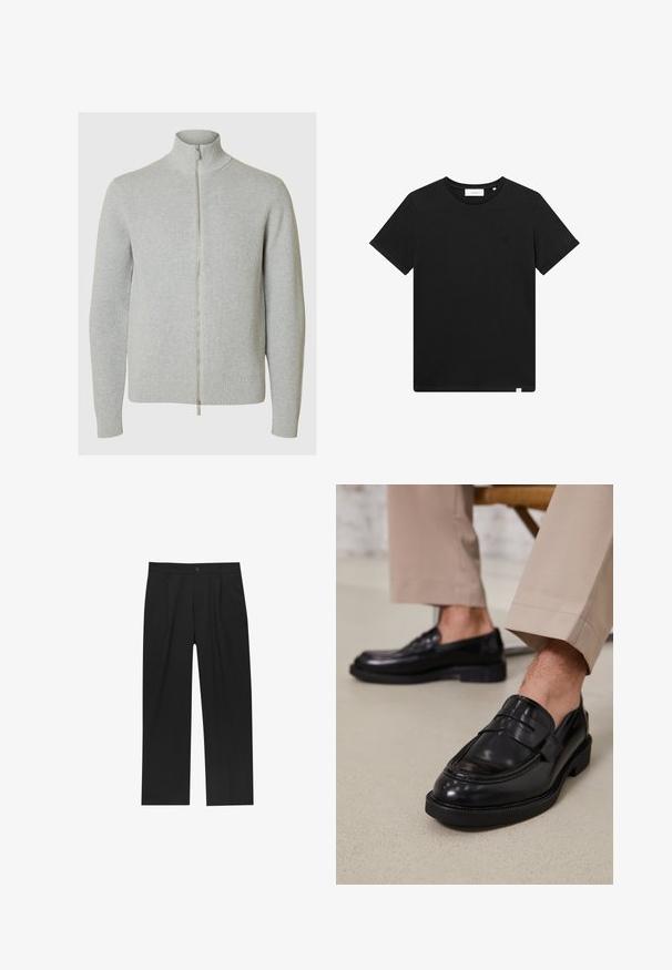 Svetlošedý zip-up sveter s vysokým golierom, ribbenou textúrou a priliehavými manžetami. Má hladký zips vpredu na zapínanie.; Čierne tričko s krátkym rukávom vyrobené z bavlny, s okrúhlym výstrihom a malým logom vyšitým na hrudi. Hladká textúra, štandardný strih.; Čierne nohavice s rovnými nohavicami, vyrobené z hladkej tkaniny. Majú predné puky a jediné gombíkové zapínanie v páse.; Čierne kožené poltopánky s hladkým povrchom, so zdobným remienkom a kontrastným prešívaním, skombinované s béžovými nohavicami.