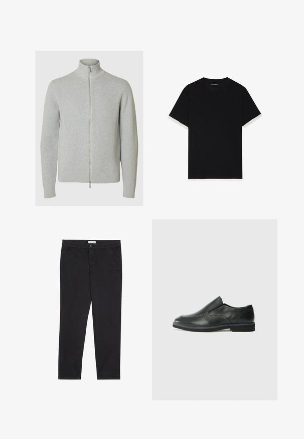 Šviesiai pilkas užtrauktuku užsegamas megztinis su aukštu apykakle, raukšlėta tekstūra ir prigludusiomis rankovėmis. Priekyje turi sklandų užtrauktuką užsegimui.; Juodas trumpomis rankovėmis marškinėliai su tekstūruota medžiaga, su baltais akcentais ant rankogalių. Apvalus iškirpimas, laisvas siluetas.; Juodos medvilnės kelnės su siauru pjūviu, turinčios dvi šonines kišenes ir priekinį mygtuko užsegimą. Audinys tekstūruotas su subtiliomis detalėmis.; Juodai odiniai įtvirtinimo batai su lygiu paviršiumi, siuvinėjimo akcentais, apvalia nosimi ir žemu guminiu kulnu. Pado raštas minimalus.