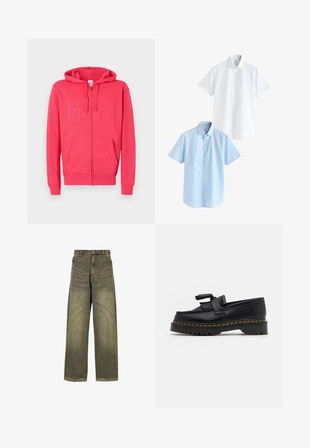 Felpa rosa con zip realizzata in tessuto morbido, dotata di tasca a marsupio e logo "GAP" in rilievo sul davanti. Include cappuccio e polsini a costine.; Due camicie a manica corta: una bianca e una azzurro chiaro. Entrambe presentano un'apertura con bottoni, colletto, tessuto di cotone liscio e vestibilità standard.; Jeans a gamba larga in denim verde oliva, con dettagli di cuciture curve, chiusura con bottone classico e finitura scolorita.; Mocassino in pelle nera con un'accento a frange, dotato di una suola nera spessa e cuciture gialle lungo il bordo. Finitura testurizzata.