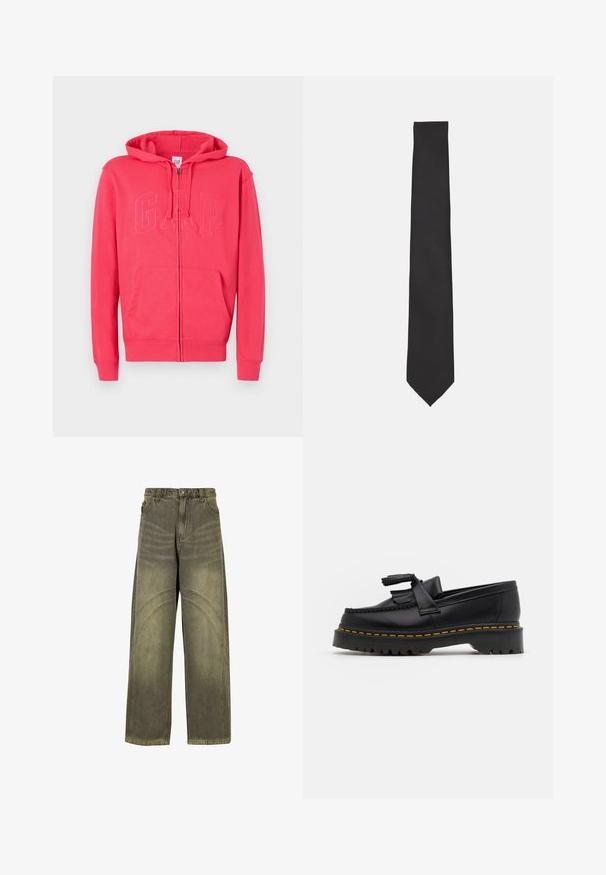 Rosa Kapuzenjacke aus weichem Stoff, mit einer Kängurutasche und geprägtem "GAP"-Logo auf der Vorderseite. Mit Kapuze und gerippten Bündchen.; Zwei kurzärmelige Hemden: eines in Weiß und eines in Hellblau. Beide verfügen über eine knopfleiste, einen kragenförmigen Ausschnitt, glattes Baumwollgewebe und eine normale Passform.; Olivengrüne Jeans mit weitem Bein aus Denim, ausgestattet mit geschwungenen Nahtakzenten, klassischen Knopfverschluss und einem verwaschenen Finish.; Schwarze Lederloafers mit einem fransenverzierten Akzent, ausgestattet mit einer robusten schwarzen Sohle und gelber Naht entlang der Kante. Texturierte Oberfläche.; Schwarze Fliege aus glattem Stoff, mit einer schlanken, verlängerten Form und einer spitzen Spitze, ohne sichtbare Muster oder Akzente.