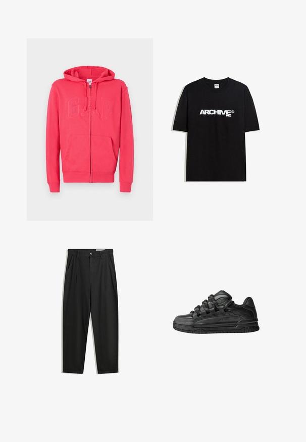 Roza zip-up kapuca iz mehke tkanine, z kenguru žepom in embosiranim logotipom "GAP" spredaj. Vključuje kapuco in rebraste manšete.; Črna bombažna majica s kratkimi rokavi z belim logotipom "ARCHIVE inc." čez prsa in okroglo ovratnikom.; Črne bombažne hlače s sproščenim krojem, ki vključujejo klasičen pas, sprednje gube in stranske žepke. Gladka tekstura brez vzorcev.; Črne superge z gladkim usnjenim zgornjim delom, teksturiranimi detajli in okroglimi črnimi ter belimi vezalkami. Debel gumijast podplat z vzorčastim profilom.