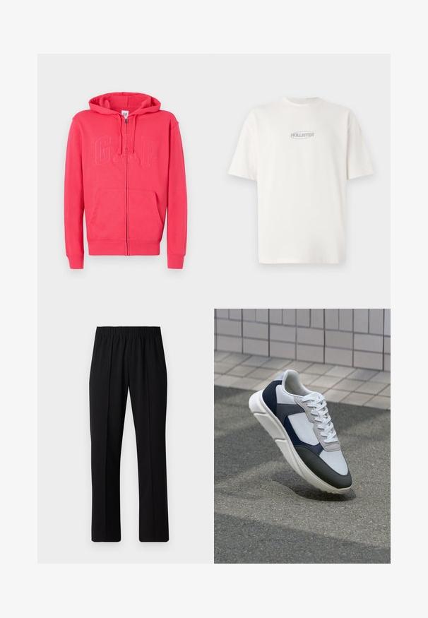 Hoodie rose à fermeture éclair en tissu doux, doté d'une poche kangourou et d'un logo "GAP" en relief à l'avant. Capuche et poignets côtelés inclus.; T-shirt en coton blanc avec col rond et manches courtes, arborant un petit logo gris "HOLLISTER" centré sur la poitrine.; Pantalons noirs à taille élastique avec une coupe droite, présentant une texture lisse et sans motifs ni éléments visibles.; Baskets blanches, bleu marine et grises avec un design en matériaux mélangés, présentant une tige texturée, des lacets plats et une semelle rembourrée.