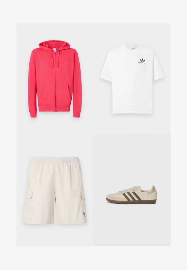 Rosa Kapuzenjacke aus weichem Stoff, mit einer Kängurutasche und geprägtem "GAP"-Logo auf der Vorderseite. Mit Kapuze und gerippten Bündchen.; Weißes Baumwoll-T-Shirt mit kurzen Ärmeln, das ein schwarzes "BASKETBALL"-Logo und ein ikonisches Drei-Streifen-Design auf der Vorderseite aufweist.; Beige Cargo-Shorts mit elastischem Bund, zwei Seitentaschen und einem kleinen Logo auf der unteren rechten Seite. Glattes, leichtes Material.; adidas Originals SAMBA OG UNISEX - Sneaker low - alumina/medium dark khaki/gum