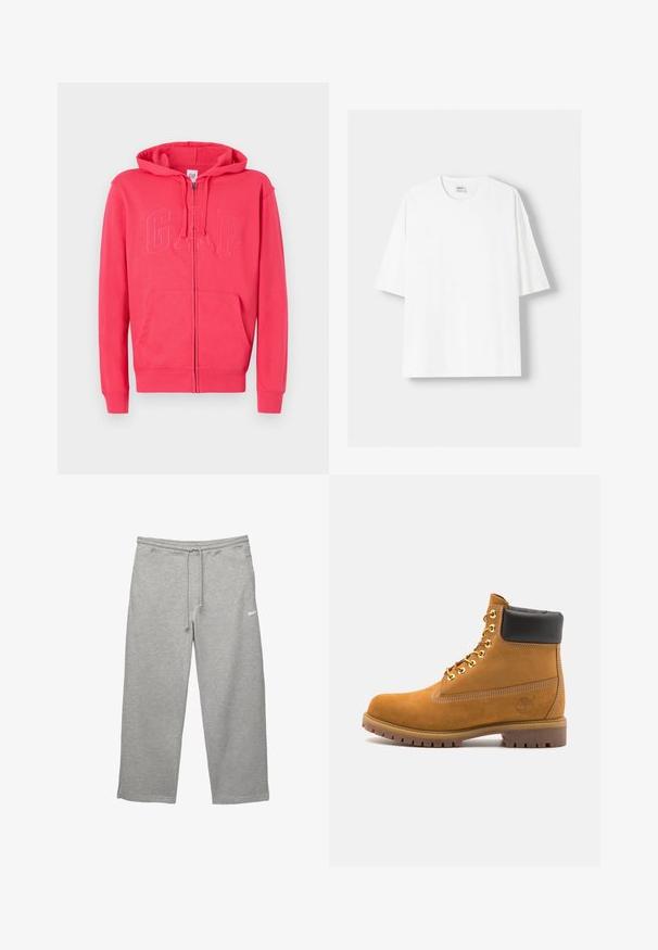 Hoodie rose à fermeture éclair en tissu doux, doté d'une poche kangourou et d'un logo "GAP" en relief à l'avant. Capuche et poignets côtelés inclus.; T-shirt blanc à manches courtes en coton, avec un col rond et une coupe décontractée. Texture lisse, sans motifs ni accents visibles.; Pantalons de survêtement gris en tissu doux avec une taille élastique, un cordon de serrage ajustable et des poches latérales. Présente un petit logo blanc.; Bottine en daim beige avec un col rembourré noir, œillets en métal doré, détails de surpiqûres blanches et semelle en caoutchouc robuste avec des crampons prononcés.
