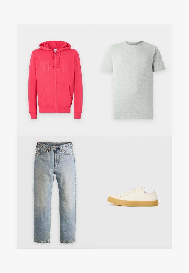 Sudadera con cremallera de color rosa, hecha de tejido suave, con un bolsillo canguro y el logo "GAP" en relieve en la parte frontal. Incluye capucha y puños acanalados.; Camiseta de corte clásico de manga corta en gris claro liso, mostrada sobre un fondo blanco, vista frontal sin logotipos ni diseños visibles.; Jeans de mezclilla azul claro de cintura alta, con botón frontal, cremallera y diseño de cinco bolsillos, dispuestos sobre un fondo neutro.; Zapatillas de lona en color blanco roto con punta redonda, que cuentan con suelas de goma beige y cinco ojetes para los cordones, acabado texturizado en la parte superior.