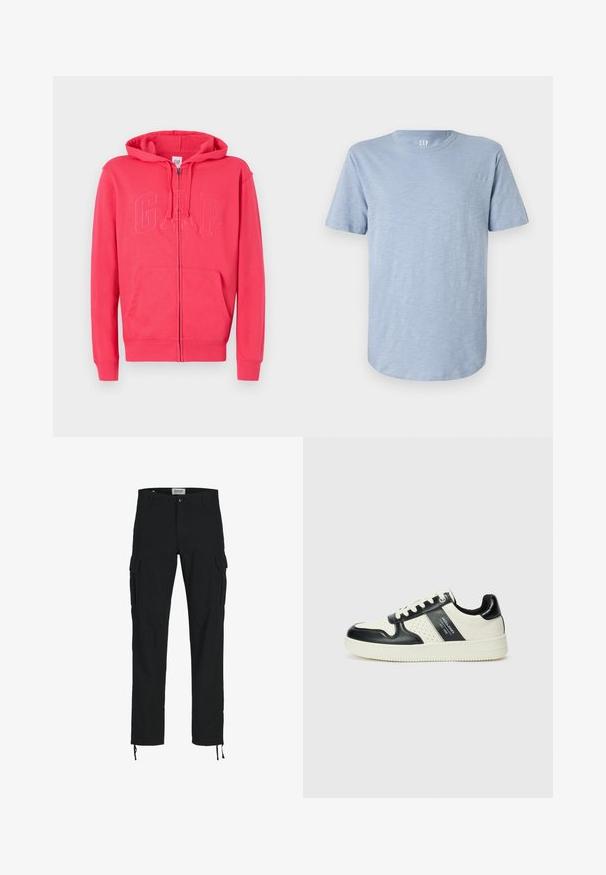 Pink zip-up hoodie made of soft fabric, featuring a kangaroo pocket and embossed "GAP" logo on the front. Hood and ribbed cuffs included.; Light blue short-sleeve T-shirt made from soft fabric, featuring a crew neckline and a straight hem with a subtle texture.; Black cargo pants with a straight cut, featuring side pockets, a button closure, and elastic drawstrings at the ankles. Made from durable fabric.; Leather sneakers with a black and cream color scheme, featuring perforated accents, a padded collar, and a textured outsole.