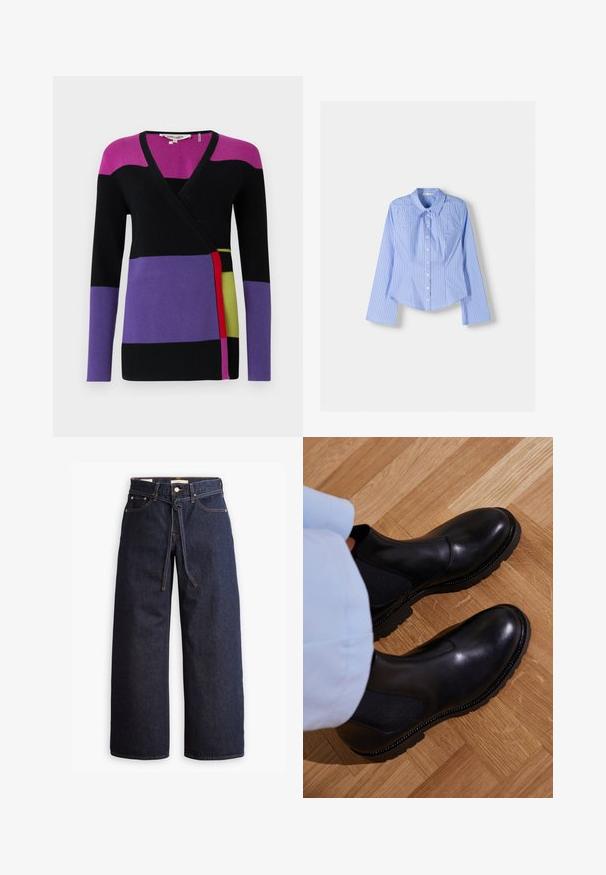 Colorful long-sleeve wrap sweater, featuring sections of magenta, black, purple, and green, with a soft knit texture and V-neck design.; Blue and white striped long-sleeve button-up shirt with a spread collar, tailored fit, and curved hemline. Textured cotton material.; Wide-leg dark blue denim jeans with a high waist, featuring a drawstring tie, five pockets, and contrasting stitching details.; Black ankle boots made of smooth leather with elastic side panels, a textured rubber sole, and contrast stitching along the edge.