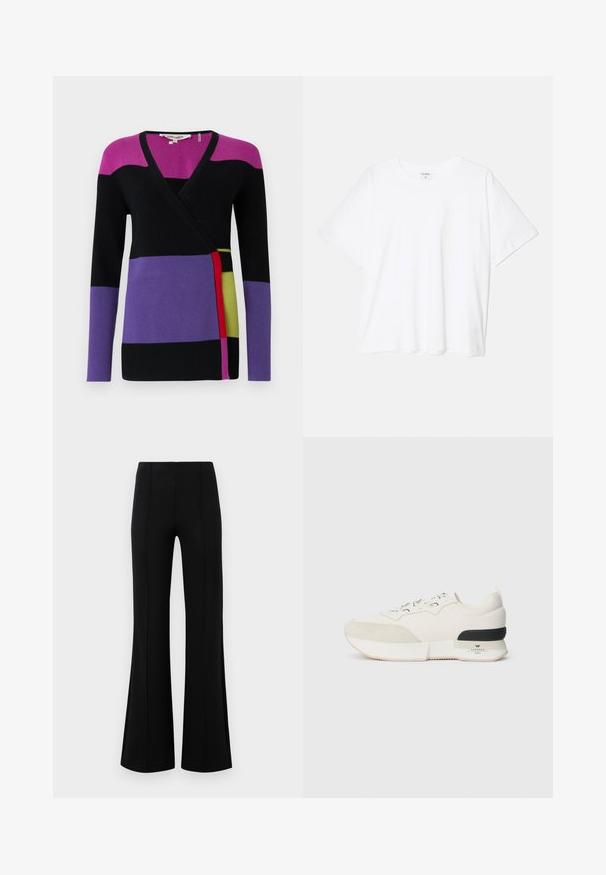 Kleurrijke lange mouw wikkeltrui met gedeeltes in magenta, zwart, paars en groen, voorzien van een zachte gebreide textuur en een V-hals ontwerp.; Witte katoenen t-shirt met korte mouwen, ronde halslijn, comfortabele pasvorm en gestikte zoom. Etiket zichtbaar aan de binnenzijde van de hals.; Zwarte flared broeken met een hoge taille, gemaakt van rekbaar materiaal. Bevat verticale naden aan de voorkant en heeft een gladde textuur.; Witte sneaker met een getextureerde suede neuskap, een soepel mesh bovenwerk, decoratieve veters en een zwarte rubberen hakaccent.