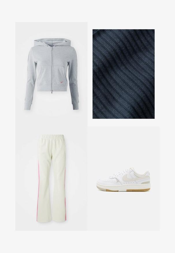 Šedá mikina na zip s kapucí, dvěma předními kapsami a malým červeným logem na hrudi. Obsahuje černé postranní pruhy a žebrované manžety.; Tmavě modrá tkanina s vertikální žebrovanou texturou, měkkým pocitem a mírně chlupatým vzhledem. Pruhy jsou rovnoměrně rozloženy a jsou subtilní.; Světlé béžové kalhoty s elastickým pasem, s růžovými bočními panely a postranními kapsami. Hladká textura s rovným střihem.; Bílé tenisky s hladkým koženým svrškem, světlými béžovými akcenty, perforovanými detaily a hnědou gumovou podrážkou. Minimalistický design.