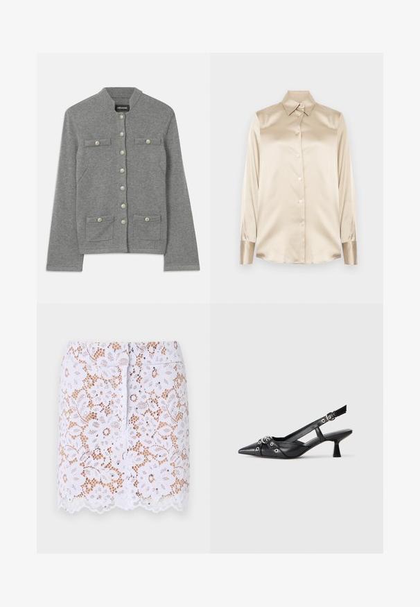 Pelēks adīts kardigans ar noapaļotu apkakli, priekšpuses pogu aizdari, divām kabatām un pērļu līdzīgiem akcentiem uz pogām.; Beige satīna krekls ar asām apkaklēm, pilna garuma piedurknēm, ar pogu aizdari un nedaudz spīdīgāka finiša aprocēm. Nav rakstu vai akcentu.; Balta mežģīņu svārku ar ziedu rakstu, viļņotu apakšmalu un diskretām rotājumam. Iespējo pieguļošu dizainu un slēptu aizmugures rāvējslēdzēju.; Melnas ādas šlipsveida kurpes ar norādītu purngalu, dekoratīvām joslām ar metāla acīm un zemu bloku papēdi. Teksturēta virsma.