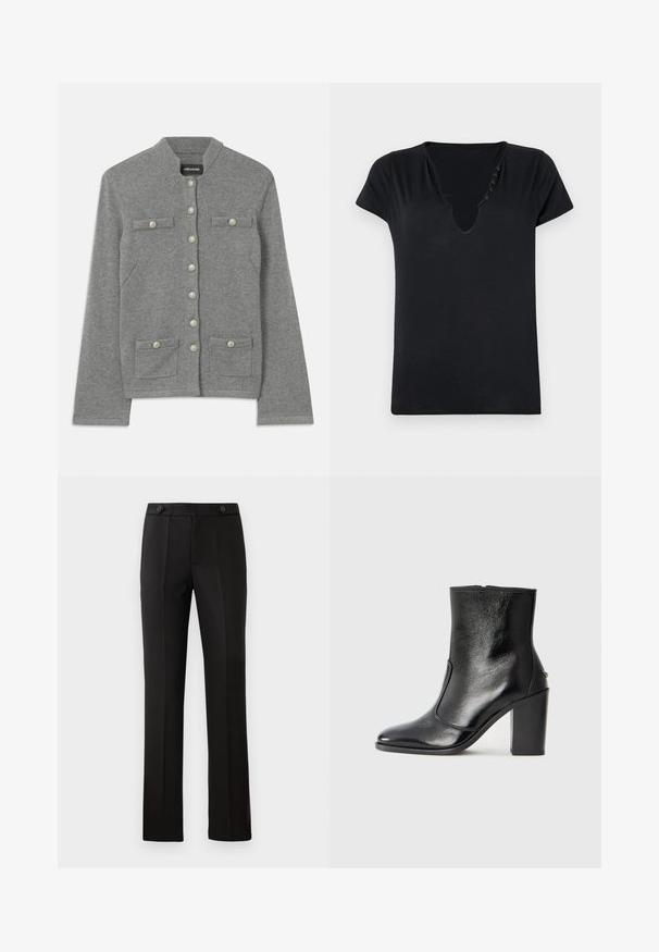 Pilkas megztinis su apvalia apykakle, priekyje užsegamas sagomis, dviem kišenėmis ir perlų tipo akcentais ant sagų.; Juoda trumpa rankovė T-marškiniai su giliu V formos iškirpimu ir penkiomis dekoratyvinėmis sagomis išilgai iškirptės. Lygus audinys, laisvas kirpimas.; Juodos pritaikytos kelnės su tiesiomis kojomis, dviem priekinėmis kišenėmis, mygtuko uždarymu ir raukšlėmis priekyje. Glotnaus audinio tekstūra.; Juodas odinis kulkšninis batas su lygiu paviršiumi, smailiu pirštu ir masyviu aukštu kulnu. Savybė - šoninis atidarymas ir minimalistiškas dizainas.