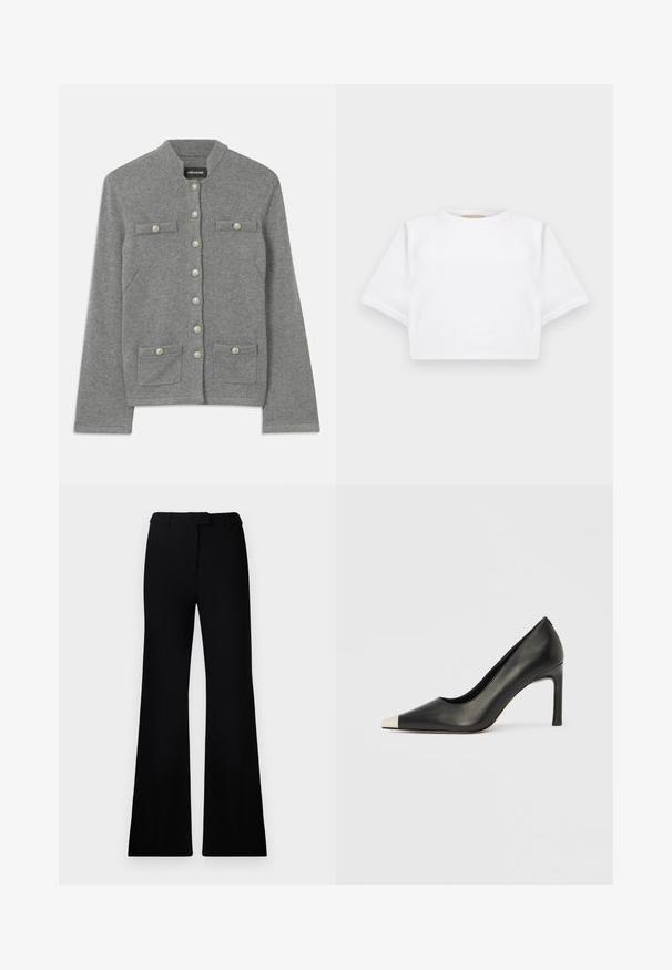 Harmaa kudottu neuletakki, jossa on pyöreä kaulus, edessä nappisuljenta, kaksi läppäpokkaa ja helmiäishohtoisia yksityiskohtia nappien päällä.; Lyhythihainen valkoinen t-paita pehmeää kangasta, jossa on pyöreä pääntie ja ribbireunat. Yksinkertainen ja ilman koristeita oleva malli.; Mustat levenevät housut, joissa on sileä pinta, muotoiltu vyötärö ja etutaskut, jotka on suunniteltu nykyaikaiseen ja sulavaan siluettiin.; Musta nahkainen korkokenkä, jossa on kärkiosa ja metallinen hopeanvärinen kärki. Kenkä on sileäpintainen ja siinä on kapea 10 cm korko.