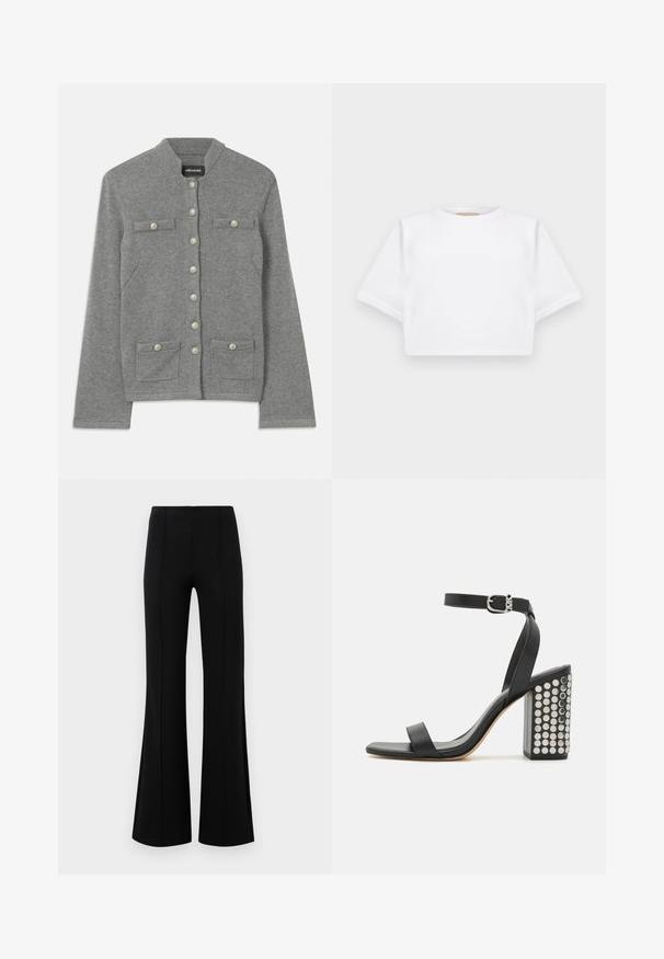 Šedý pletený cardigan s kulatým límcem, zapínání na přední straně na knoflíky, dvěmi našitými kapsami a perlovými akcenty na knoflících.; Zkrácené bílé tričko vyrobené z měkké látky, má krátké rukávy, kulatý výstřih a žebrované detaily na lemech. Jednoduchý a nezdobený design.; Černé kalhoty s volným zakončením a vysokým pasem, vyrobené z elastického materiálu. Mají vertikální švy na přední straně a hladký povrch.; Černé kožené sandály na podpatku s páskem kolem kotníku. Mají čtveratou špičku, hladký povrch a čtvercový blokový podpatek zdobený stříbrnými hroty.