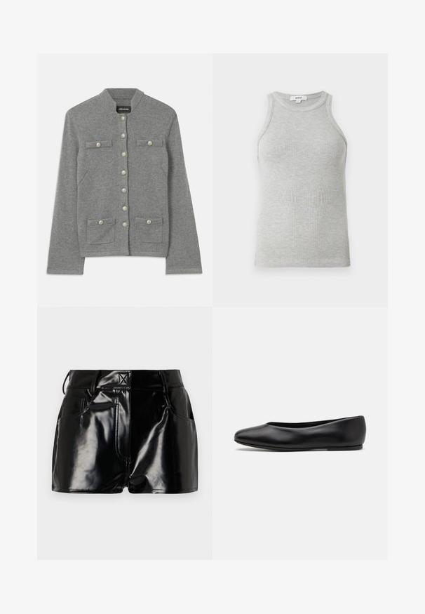 Grauer gestrickter Cardigan mit rundem Kragen, vorderem Knopfverschluss, zwei aufgesetzten Taschen und perlenartigen Akzenten auf den Knöpfen.; Graues, geripptes Tanktop mit figurschmeichelndem Design, weiten Armausschnitten und runder Ausschnittlinie. Aus weichem Baumwollstoff mit glatter Textur gefertigt.; Schwarze, glänzende Shorts aus synthetischem Material. Mit einem taillierten Bund, Gürtelschlaufen und vorderen Taschen mit auffälligen Nähdetails.; Paul Smith TOPANGA - Klassischer Ballerina - black
