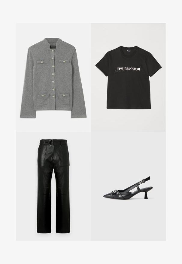 Harmaa kudottu neuletakki, jossa on pyöreä kaulus, edessä nappisuljenta, kaksi läppäpokkaa ja helmiäishohtoisia yksityiskohtia nappien päällä.; Musta puuvillapaita lyhyillä hihoilla, jossa on edessä painettu valkoinen ja harmaa "THE 2LOOK" -design. Klassinen pyöreä kaula-aukko.; Korkeavyötäröiset mustat nahkahousut, joissa on leveät lahkeet, suuret etumaiset läppätaskut ja yhteensopiva vyö kaksoisrenkaalla.; Mustat nahkakengät, joissa on avonainen takaosa ja kärjessä terävä muoto, koristevyöt, joissa on metalliset reiät, sekä matala lohkoepohja. Teksturoitu pinta.