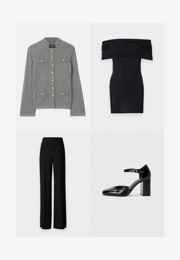 Cardigã cinza tricotado com colarinho redondo, fecho frontal com botões, dois bolsos de lado e detalhes semelhantes a pérolas nos botões.; Vestido preto sem alças com golas franzidas, ajuste justo e textura suave. Design minimalista, até ao joelho, sem qualquer tipo de adornos.; Calças largas pretas com uma textura suave, apresentando uma cintura alta e pregas centrais. Sem padrões visíveis ou detalhes em metal.; Sapatos de salto alto em pele envernizada preta, com bico quadrado, tira no tornozelo e salto robusto. Inclui detalhes perfurados ao longo da borda.