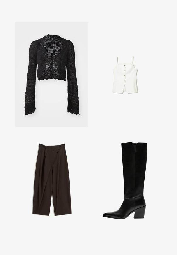 Fekete, rövidített kardigán hosszú ujjakkal; nyitott kötésű anyagból készült, fodros széllel és virágos csipke mintázattal.; Fehér, ujjatlan felső, gombos előrészével, oldalzsebeivel és testhezálló kialakításával, enyhén bővülő aljával. Simább textúrájú, minimális részletezéssel.; Sötétbarna, bő szárú nadrág magas derékkal, egyetlen gombos záródással és redős elülső résszel. Könnyű anyagból készült.; Fekete, térd fölé érő csizma sima bőrből, hegyes orral, tömbsarkával és V-alakú kivágással a tetején.